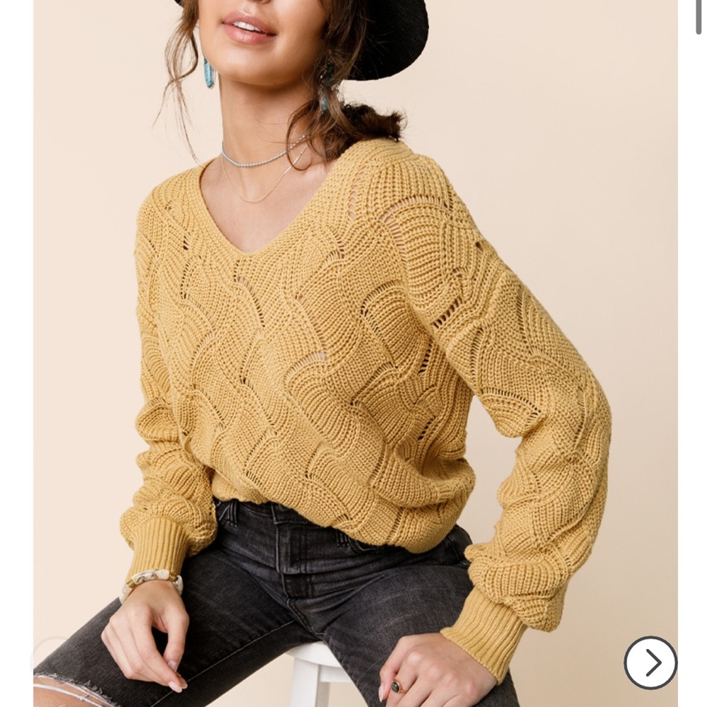 Moon & Madison Gold Mustard Lydia Pointelle V-Neck Sweater
